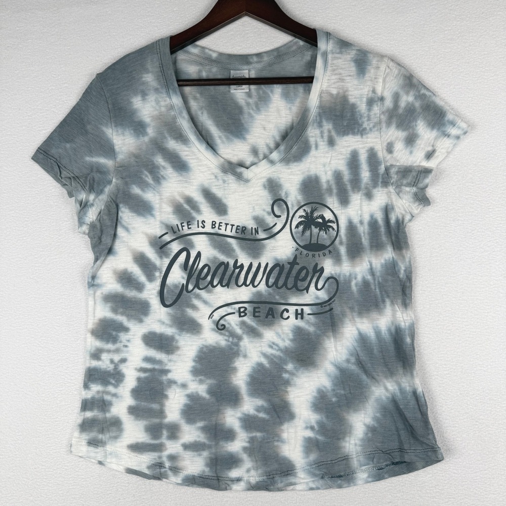 Clearwater Beach Dreamsicle T-Shirt Womens L Gray Tie Dye V-Neck Palm Tree